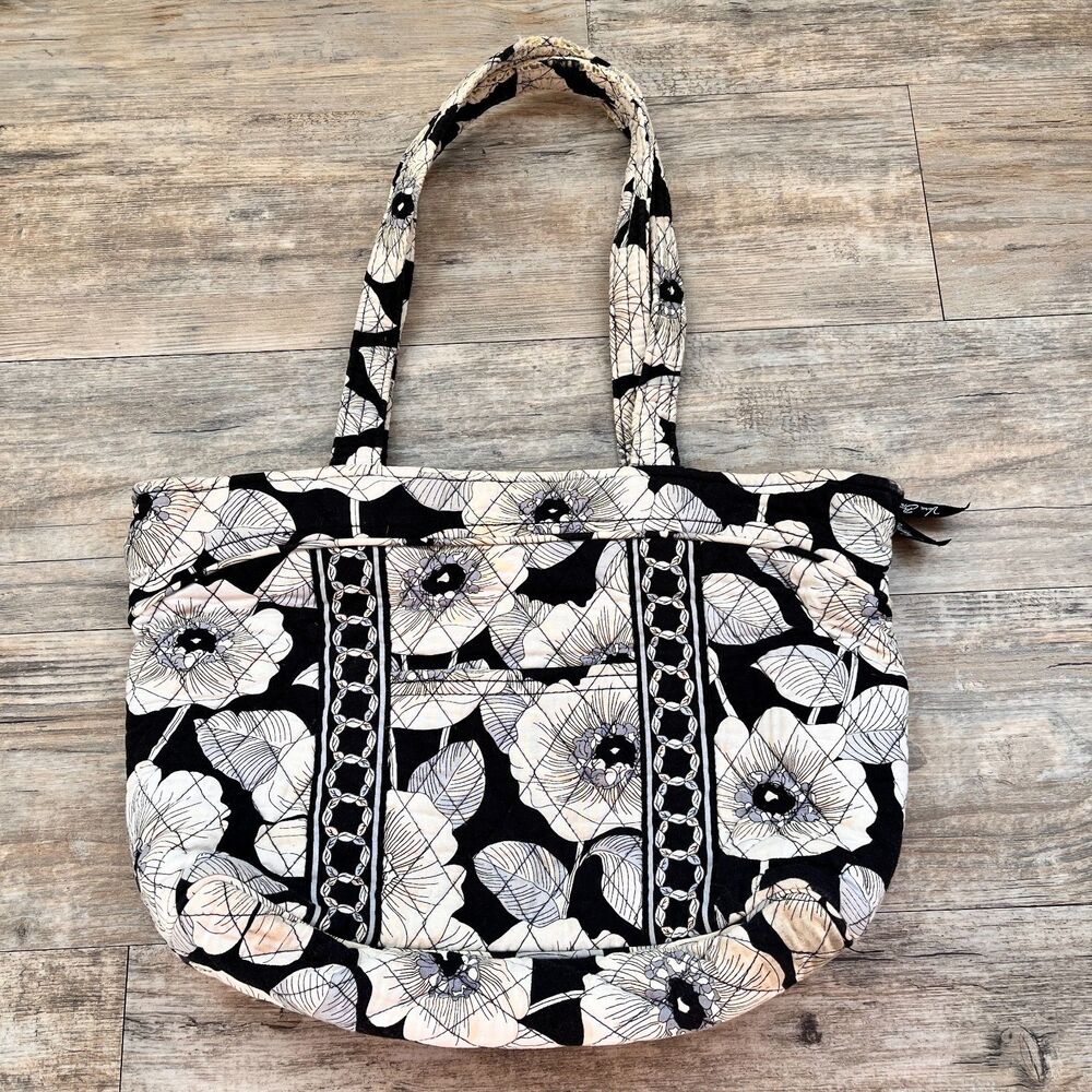 Vera Bradley Camellia Tote Bag Black White Floral Quilted Y2K Shoulder Purse